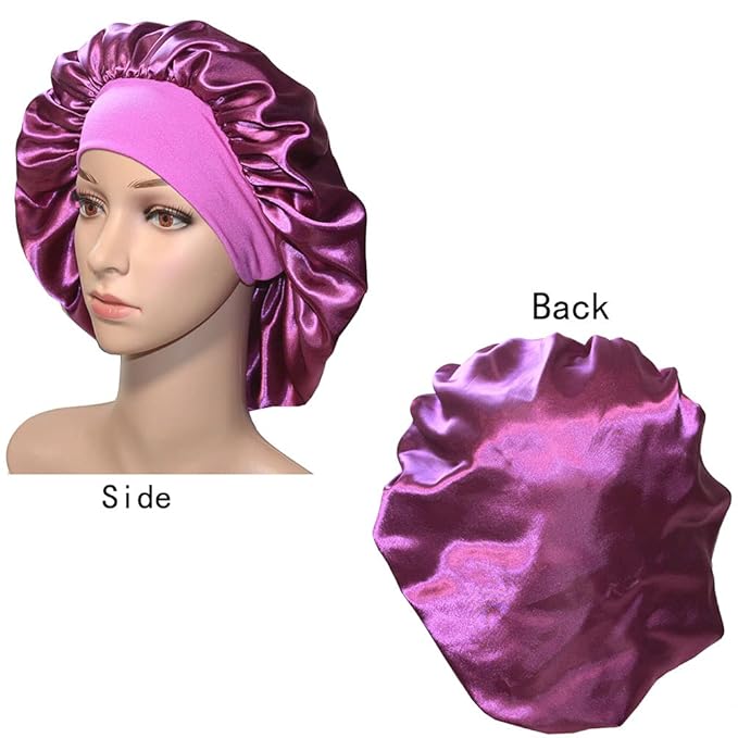 VEYRNEIC Hair Satin Bonnet for Sleeping Shower Caps Silk Chemo Caps with Wide Elastic Band Night Sleep Cap Bonnets for Black Women Braids (Dark Purple)
