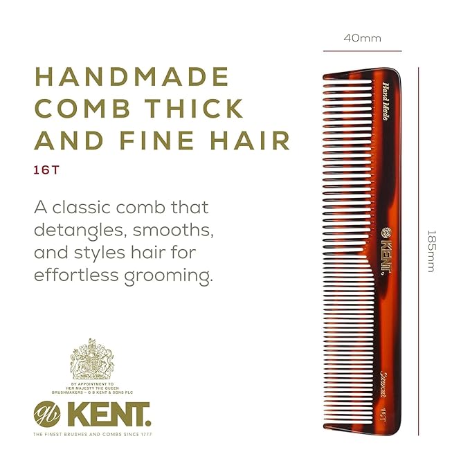 Kent 16T Tortoiseshell and Graphite, Fine and Wide Tooth for Daily Grooming, Handmade Styling Comb for All Hair Types, Wet and Dry Hair Detangling Comb, Saw Cut Hand Polished, Made in England