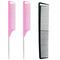 3-in-1 Rat Tail & Stainless Steel Pintail Comb Set - Carbon Fiber Teasing Comb for Braids, Barber Styling & Salon Use - Fine Teeth, Pink & Black