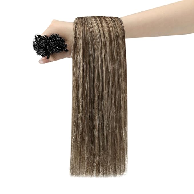 YoungSee U Tip Hair Extensions Human Hair Brown with Blonde Highlight Utip Hair Extensions Human Hair Brown Ktip Human Hair Extension Highlight Hair Extension U Tip for Women 14In 1G/S 50G