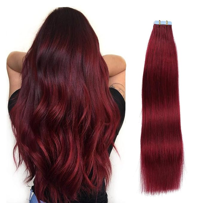 SUYYA Tape in Hair Extensions Human Hair Burgundy 28 Inch 60g/pack 20pcs Straight Seamless Skin Weft Tape in Real Human Hair Extensions Win Red(28inch #Burgundy)