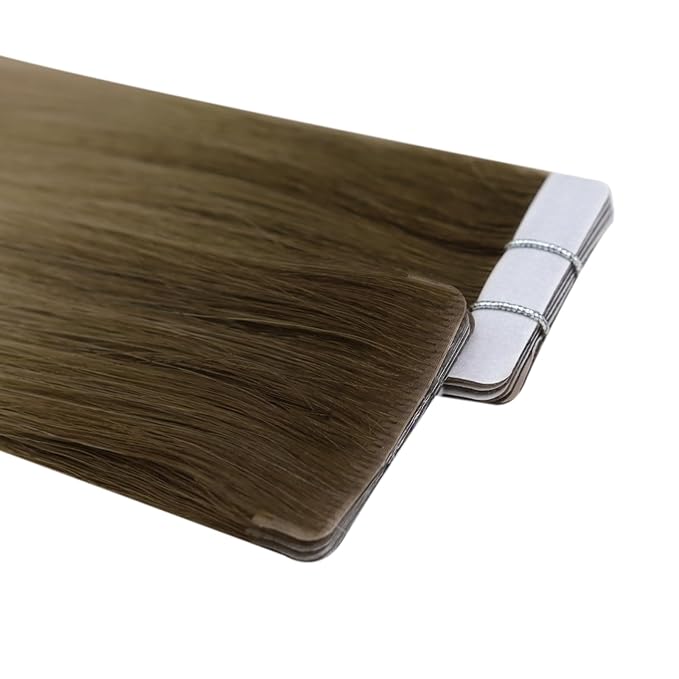 Full Shine Injection Tape in Human Hair Extensions Color R3 Dark Brown to 8 Light Brown Injected Tape in Hair Extensions Human Hair 16 Inch Silky Straight Hair 10Gram 5Pcs for Transitioning Hair