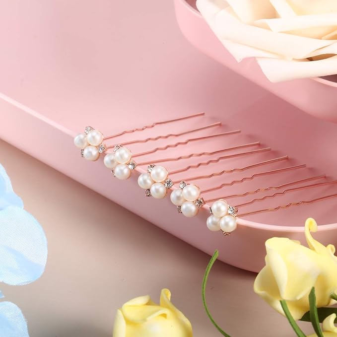 WILLBOND 18 Pcs Pearl Hair Pins Bridal Wedding Hair Accessories Crystal Bobby Pin for Brides Bridesmaids Flower Women Girls(Rose Gold)