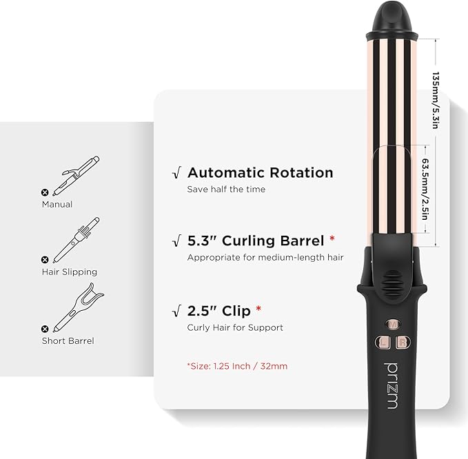 Prizm 1.25inch/32mm Automatic Curling Iron for Big Curler, Rotating Curling Wand Up to 450°F, LCD Display, Auto-Shut Off & Dual Voltage, Negative Ion