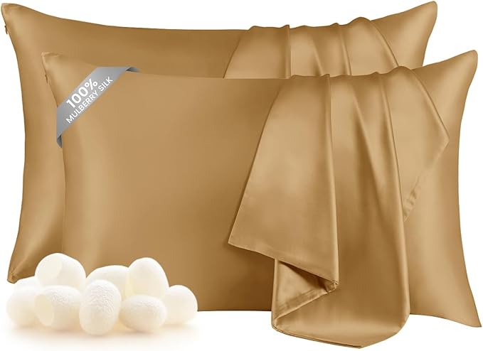 THXSILK Set of 2 100% Mulberry Silk Pillowcase for Hair and Skin Health, Natural Mulberry Silk Soft and Smooth Pillowcases with Hidden Zipper, Grade 6A+ Silk (Standard 20"x26", Metallic Gold)