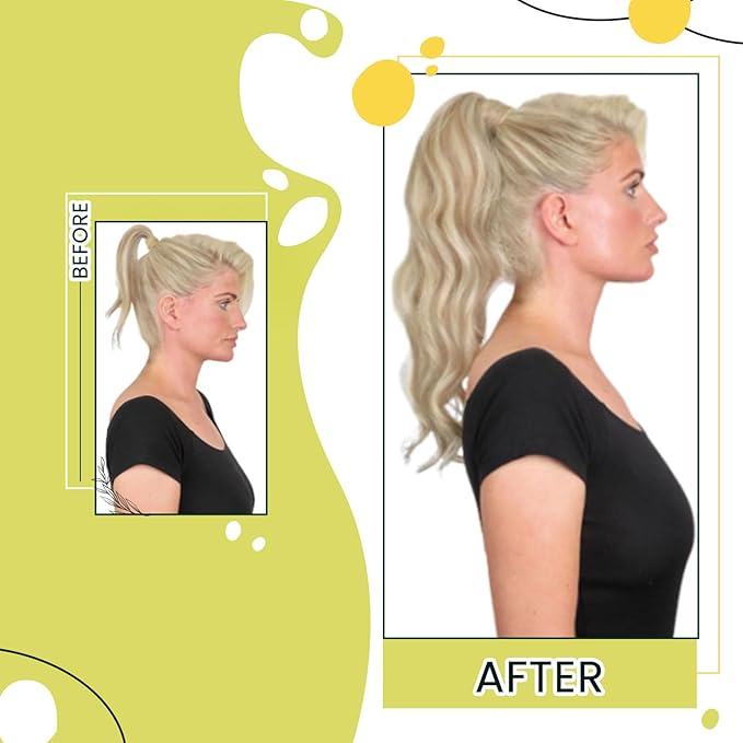 RUNATURE Ponytail Extension Human Hair Blonde, Real Hair Ponytail Extension, 20 Inch Human Hair Ponytail, Long Ponytail Hair Extensions, Remy Natural, 80g #8P60 Light Brown Highlight Platinum Blonde