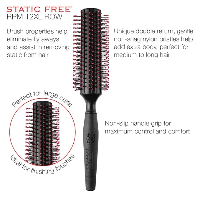 Cricket Static Free RPM 12XL Row Round Hair Brush - Effortless Curling, Blow-Drying, and Styling, Ideal for Adding Volume and Creating Smooth Finishes, All Hair Types