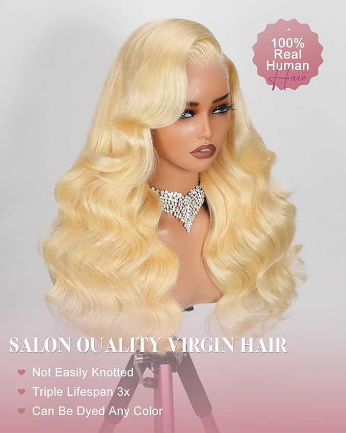 18 Inch 613 13x6 Lace Front Wig Human Hair 180 Density Blonde Wig Human Hair Body Wave 100% Real Human Hair True Length Random Dyeing No Shedding No Synthetics Triple Lifespan 3X