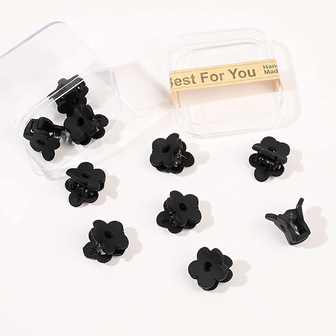 Mini Black Flower Hair Clips - Tiny Claw Clips with Strong Hold for Thin Hair, Cute Nonslip Jaw Clips for Hair Styling Accessories with Box