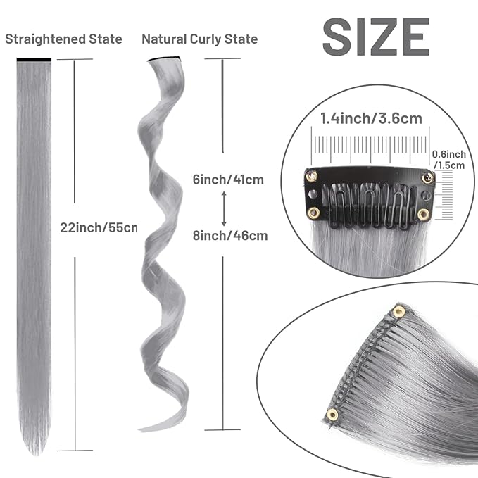 16 Pcs Colored Hair Extensions Curly Wavy Clip in Synthetic Hair Extensions,Colorful Sliver Gray Highlights Hairpiece Streak for Girls Women Kids Christmas Cosplay Party Gift(Grey)