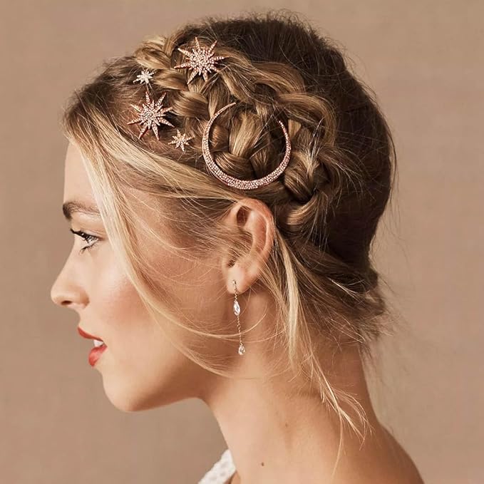 BARTOSI Moon Star Hair Clips Rose Gold Rhinestone Hair Pins Crystal Bobby Pins Bride Wedding Celestial Hair Accessories for Women and Girls (Pack of 3)