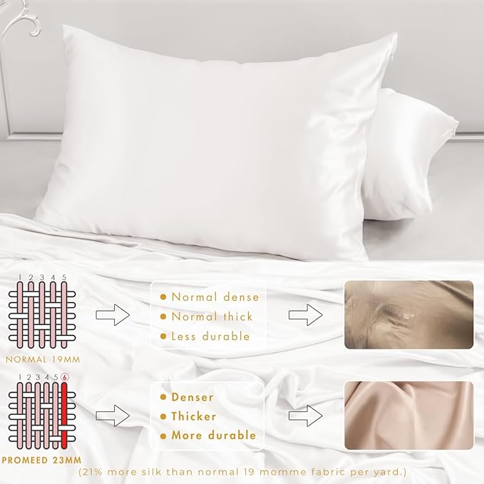 PROMEED 100% Mulberry Silk Pillowcases 2 Pack King Size, 23 Momme 6A+ Grade Natural Silk Pillow Cases Set of 2, Pure Silk Anti Acne Pillowcase (King 20"x36", White)