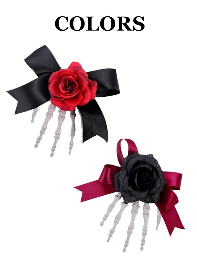 SEVEN LUCKY LIGHT Halloween Hair Clips Skeleton Hands with Red Flower Black Satin Ribbon Great Halloween Hair Accessories