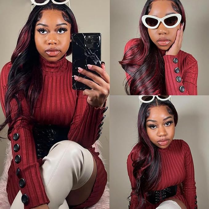 Highlight Human Hair Bundles Burgundy Body Wave Bundles 22 24 26 Inch Niegmeag Brazilian Virgin Soft and Skily Remy Hair Extensions 300g