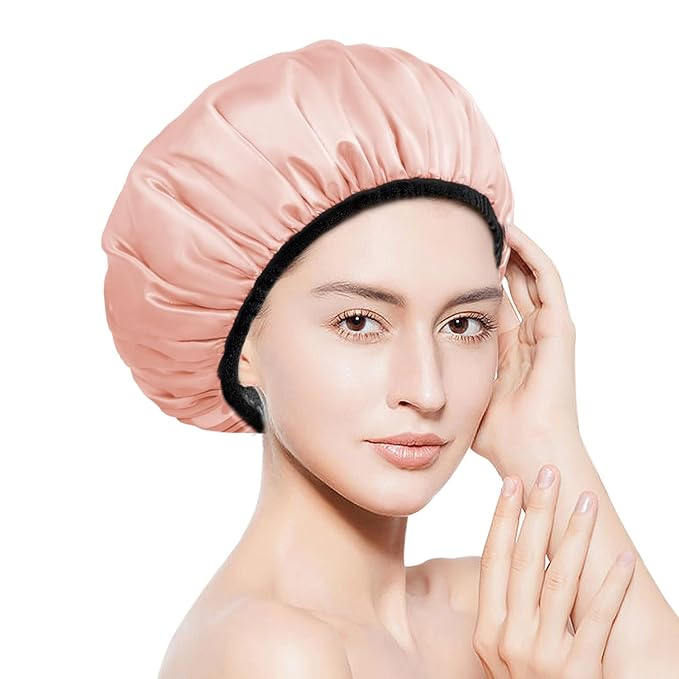 Aquior Shower Cap,Shower Cap for Women Reusable, Triple Layer Waterproof Bath Cap,Silky Satin Outer Layer Terry Lining, Extra Large for Women Long Hair(Champagne)