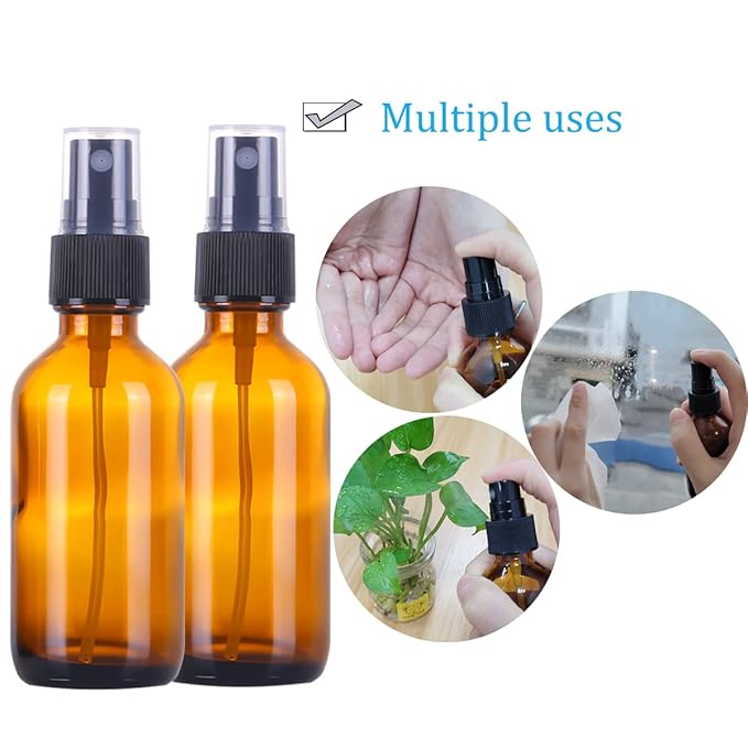 2oz Glass Spray Bottles,Empty Small Perfume Travel Refillable Reusable Fine Mister Spray Bottle for Hair,Cleaning Solutions,Aromatherapy and Essential Oil with Extra Nozzle (3 pack, Amber)