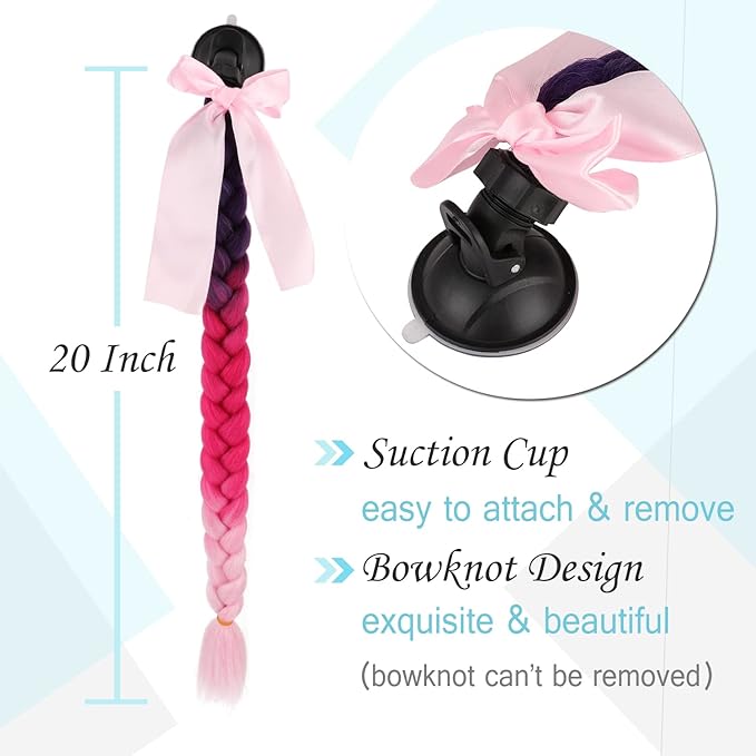 SEGO 1PCS/2PCS Helmet Pigtail Braids with Detachable Suction Cup Bowknot Ponytail Hair Many Colors (Helmet not Included)