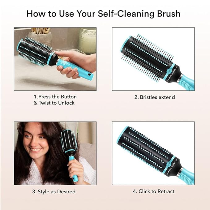Detangler Self Cleaning Hair Brushes for Women - Round Brush for Blow Out Roller Retractable Travel Hairbrush Wet or Dry Hairs - Mint Birthday Christmas Gifts