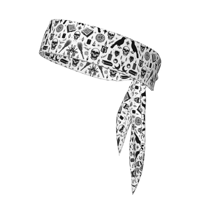Men's Women Novelty Sports Sweat Bands Hair Decor for Sports Workout Spa, Long Boho Style Gothic Trippy Moon Skull Dark Black Cat Witch Magic Spirit Board Head Band Headdress
