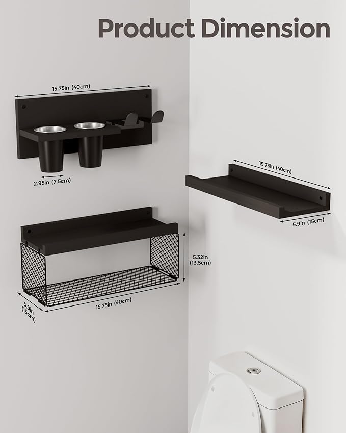 Puricon Floating Bathroom Shelves with Hair Dryer Holder, 3-Tier Rustic Wood Wall Mounted Organizers Set, Space Saving Over-Toilet Storage and Home Decor Hanging Rack -Black