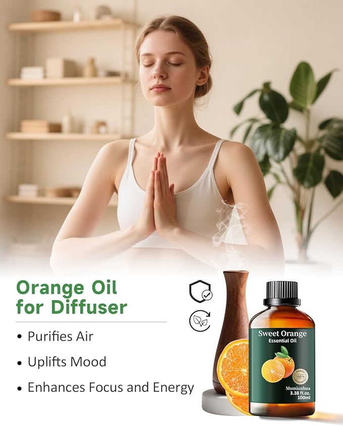 Orange Essential Oil Pure,Mumianhua Natural Sweet Orange Oil for Reed Diffuser, Humidifier, Air Purifier, Skin,Home, Perfumes, Soap, Candles Making, Room Spray, Cleaning 3.38Fl Oz