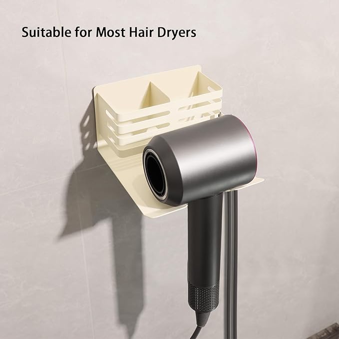 Hair Dryer Holder Wall Mounted with Tool Storage Compartment and Cord Organizer, Metal Blow Dryer Holder for Dyson Hair Dryers (Beige)