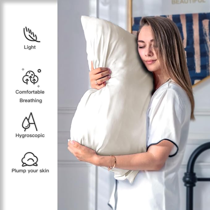 Silk Pillow Cases 2 Pack Soft Breathable and Sliky Queen Size Pillow Cases Set of 2,Natural Mulberry Satin Silk Pillowcase with Hidden Zipper for Hair and Skin (Beige,20"X 30",2pcs)