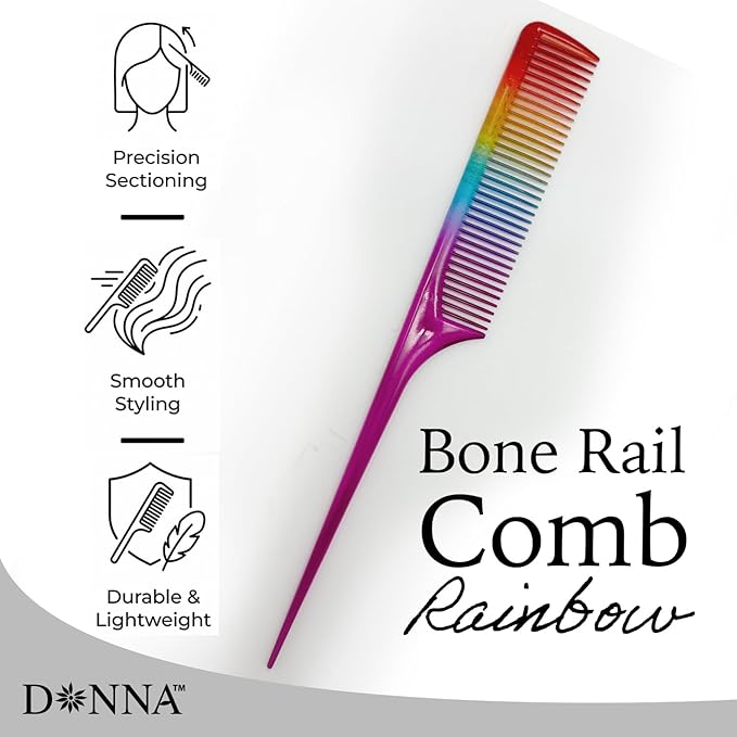 DONNA Bone Tail Comb – Assorted Color Pastel Styling Comb for Sectioning, Volume & Parting – Fine Tooth Hair Comb for Women, Men & Professionals (RAINBOW)