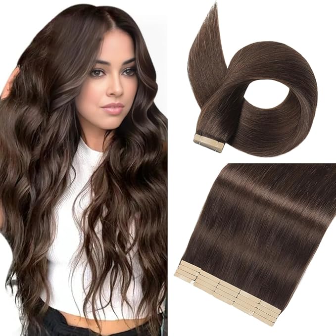 Tape in Hair Extensions Human Hair Dark Brown Hair Extensions 18 Inch 20pcs Remy Straight Human Hair Tape in Extensions Skin Weft Tape Extensions Human Hair