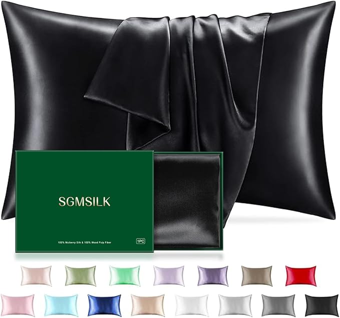 Mulberry Silk Pillowcase for Hair and Skin, SGMSILK 22 Momme Natural Silk Pillow Cases with Zipper, 6A Soft and Smooth Single Sided Pure Silk Pillow Cover (Black, Standard 20"x26")