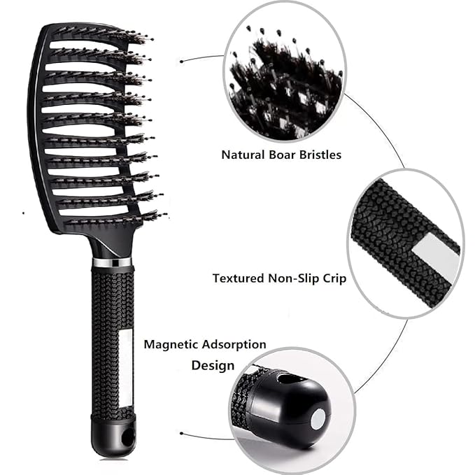 Voremy Magical Brush Detangler & Flat Hair Comb Set, Natural Boar Bristle Hair Brush Ultra Soft For All Hair Types - For Women, Men, Thick And Curly Hair (2 Pack)