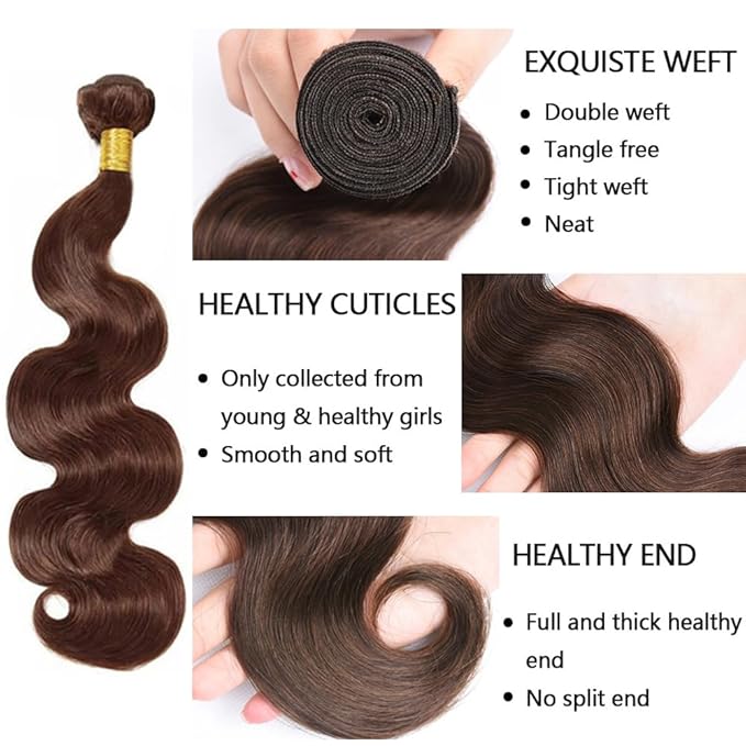 Brown Bundles Human Hair Color 4 Body Wave Bundles 24 26 28 Inch Niegmeag Virgin Soft and Silky Remy Hair Extensions Double Weft Chocolate Brown Body Wave Bundle Hair Weave 150g