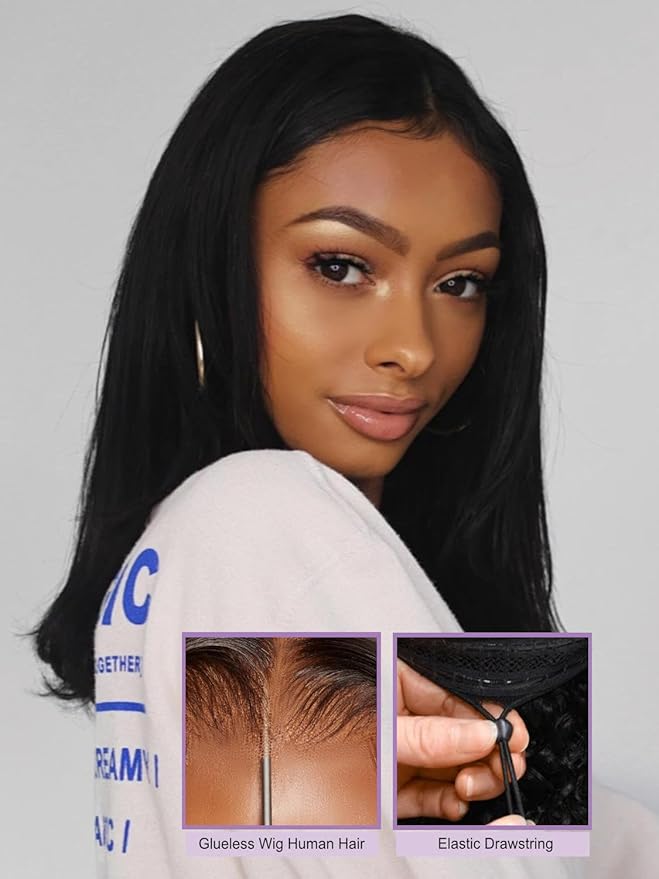 YIROO Bye Bye Knots 7x5 Lace Straight Bob Wig Glueless Human Hair Wig with Elastic Drawstring,Pre Plucked Pre Cut Short Bob Lace Closure Wig Wear and Go Natural Color 150% Density 12Inch