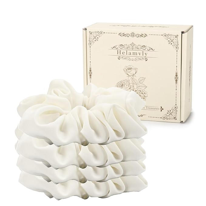 4PCS Large Silk Scrunchies for Women - Hair Elastics Handmade Scrunchie for Thick Hair Girl Hair Ties Ponytail Holders Jumbo Scrunchies (White)