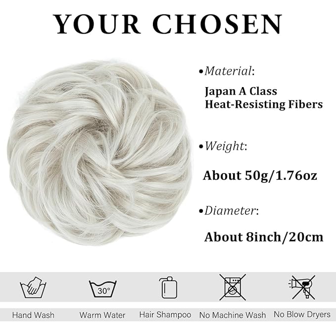 CJL HAIR Large Messy Bun Hair Piece Wavy Curly Scrunchies Synthetic Chignon Ponytail Hair Extensions Thick Updo Hairpieces for Women White