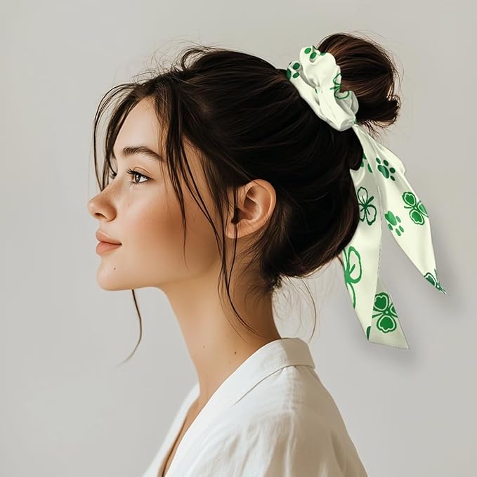 Green Four Leaf Ribbon Bow Hair Ties for Girls 2 Pcs Paw Print Scrunchies with Ribbon Tails St Patricks Theme Hair Scarf Scrunchy No Damage