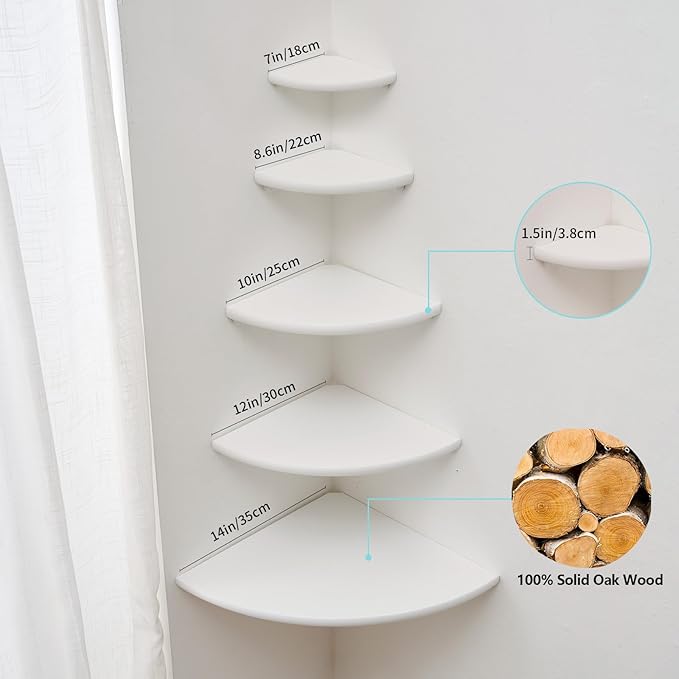 Corner Shelf, White Solid Oak Wood Floating Corner Shelves Wall Mount Round End Floating Speaker Rack for Small Plant Photo Frame (White, 8.6in)
