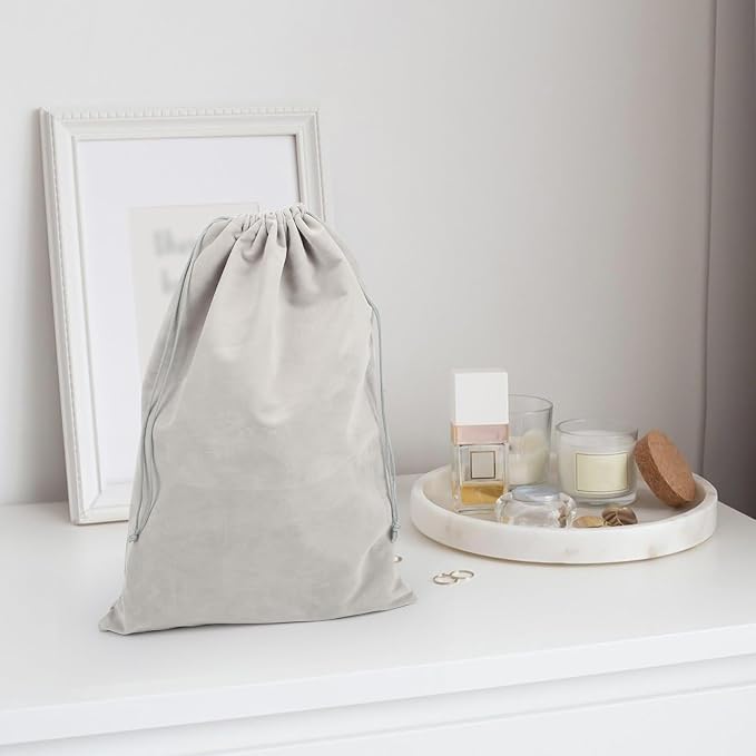 Segbeauty Large Velvet Drawstring Bags, 15.7x11.8in Satin Flannel Storage Bag, 40x30cm Hair Dryer Bags Drawstring Bag Velvet Gift Bag with Satin Liner for Hair Diffuser Clothes Travel Bathroom Gray