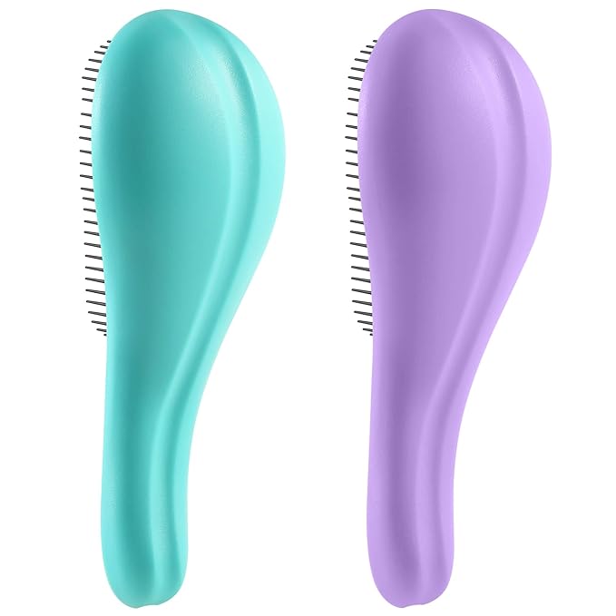Detangling Hair Brush Set - 2 Pack Detangler Hairbrush with Ultra Soft Bristle for Effortless Tangle Removal - For Dry Wet Damaged Curly Hair for Men Women Girls Boys Kids - Purple & Green
