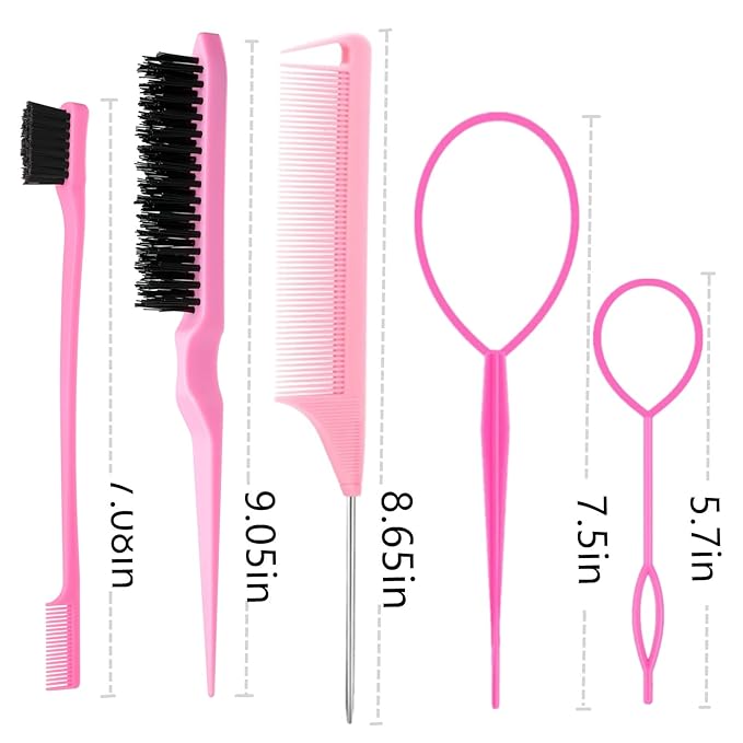 8Pcs Hair Brushes Set with 4Pcs Topsy Hair Tail Tools 1Pcs Bristle Teasing Hair Brush 1Pcs Edge Control Brush 2Pcs Metal Pin Rat Tail Combs for Woman Girl hair Styling,Edge&Back Brushing,Pink