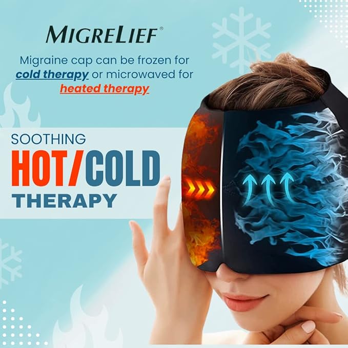 Migrelief Migraine Relief Cap - Ice Cap for Migraines and Headaches with 360 Degree Head and Eye Coverage - Cold Therapy Headache Hat and Migraine Mask for Natural Pain Relief - One Size, Black