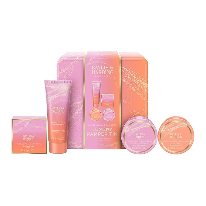 Baylis & Harding Jojoba, Vanilla & Almond Oil Luxury Pamper Tin Gift Set - Vegan Friendly