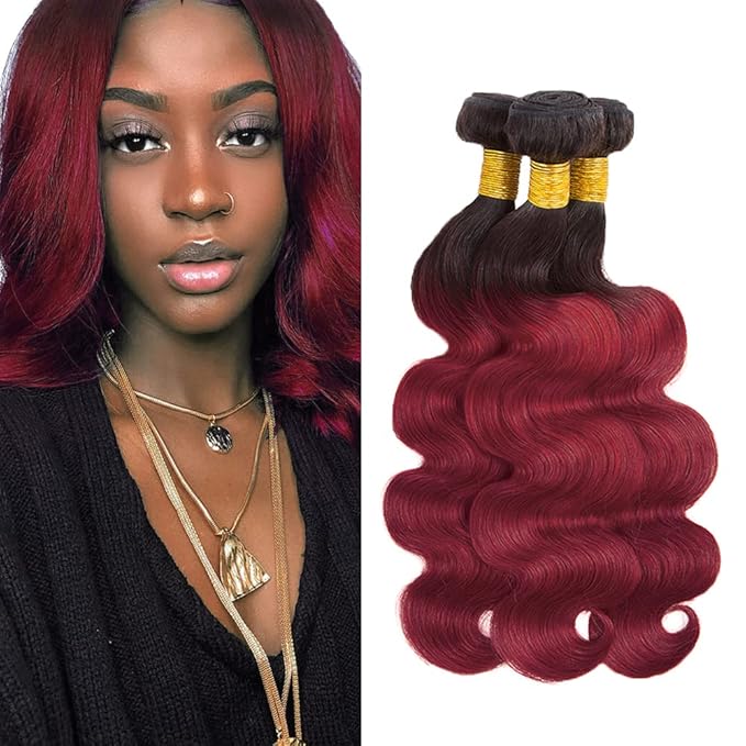 Ombre Bundles Human Hair Burgundy Body Wave Bundles 24 26 28 Inch Niegmeag Double Weft 2 Tone Black and Red Body Wave Bundle 1B99J Color 150g