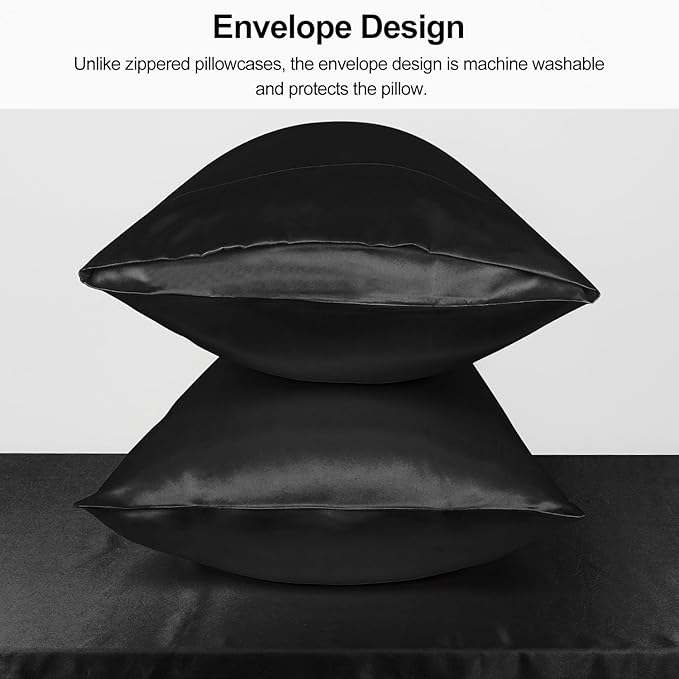 Lirex Satin Pillowcase for Hair and Skin, Super Soft and Cooling Similar to Silk, 2 Pack King Size 20"X 40" Pillow Cases with Envelope Closure, Gifts for Women Men, Black