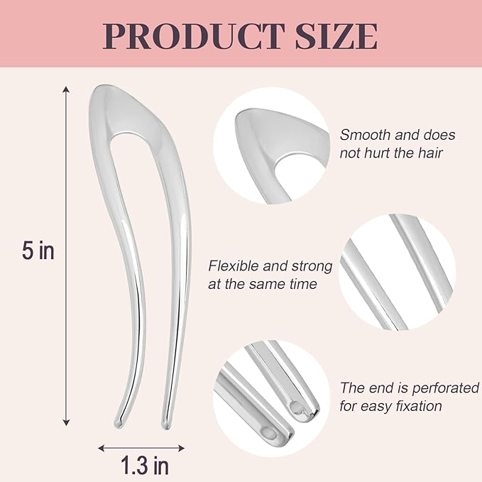 2PCS 5Inch French Hair Pins Large U-Shaped Pins for Women and Girls Fashion Metal Hair Pin French Twist Hair Pins for Buns, Updos,Stylish and Functional(set6-silver)