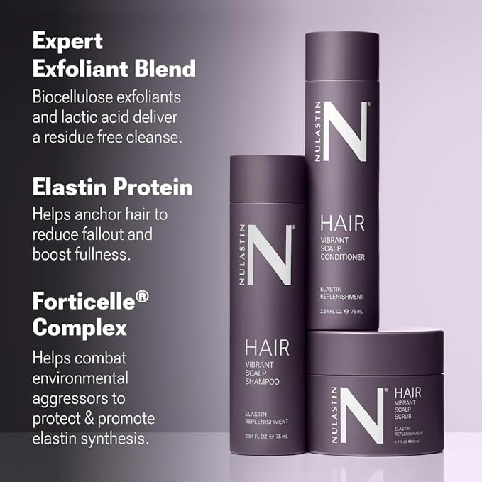 NULASTIN Vibrant Scalp Travel Kit - Hair Shampoo (2.54 Fl Oz), Conditioner (2.54 Fl Oz) & Scalp Scrub (1.7 Fl Oz) for Fine Hair - Volumizing, Color‑Safe & Vegan Hair Set (3 Count)