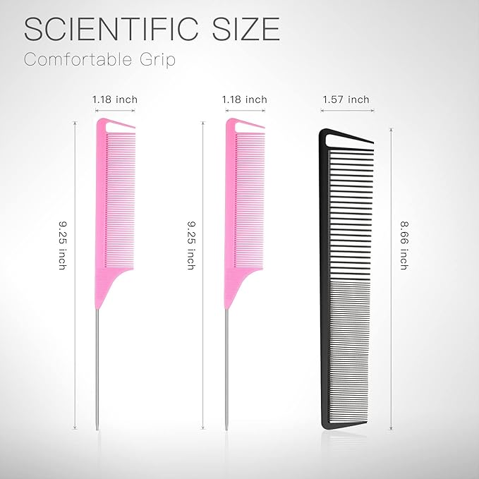 3-in-1 Rat Tail & Stainless Steel Pintail Comb Set - Carbon Fiber Teasing Comb for Braids, Barber Styling & Salon Use - Fine Teeth, Pink & Black