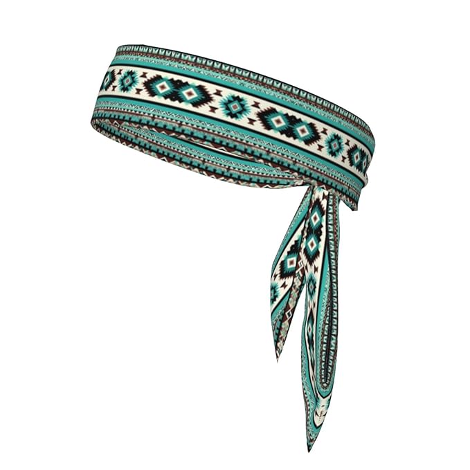 Men Women Beauty Skinny Sports Sweatbands Head Accessories for Running Fitness Shower, Long Multi Style Teal Turquoise Tribal Navajo Aztec Geometric Ethnic Pattern Head Ribbon Headwear