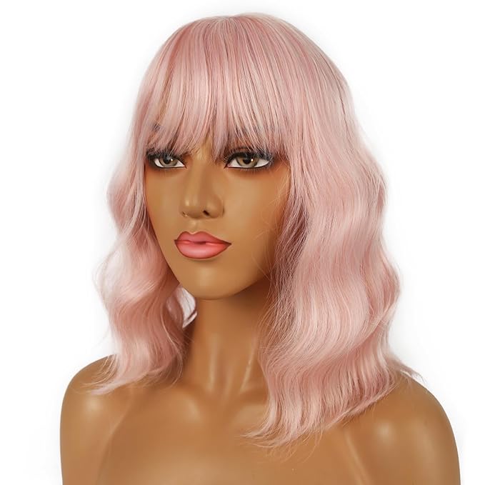 Short Bob Wigs with Bangs for Women Loose Wavy Wig Curly Wavy Shoulder Length Bob Synthetic Cosplay Wig for Girl Colorful Costume Wigs (Peach Fuzz)