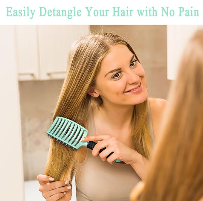 KTKUDY Detangling Brush Boar Bristles HairBrush Make Hair Shiny & Healthier Curved and Vented Detangler Brush for Women Men Kids Wet and Dry Hair (Turquoise)